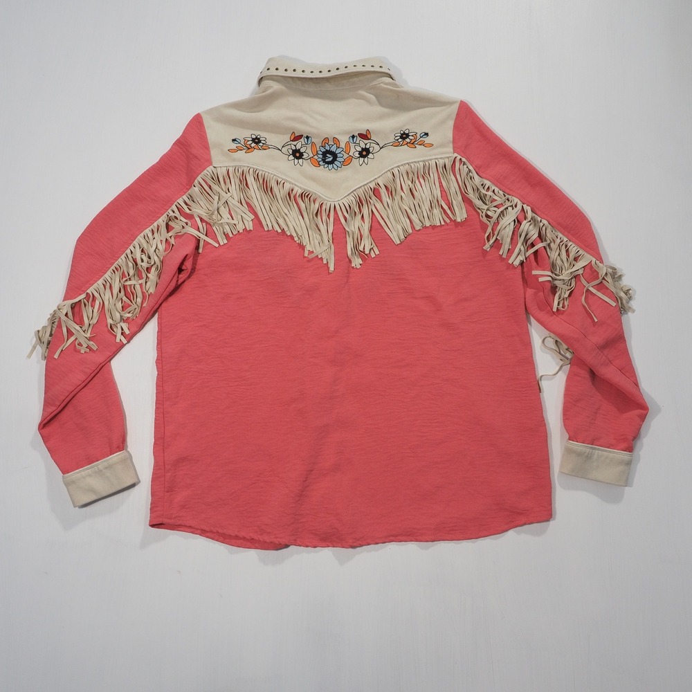 John Moon Texas Shirt Womens Large Pink Western Fringe Floral Embroidered Rodeo - Picture 2 of 9